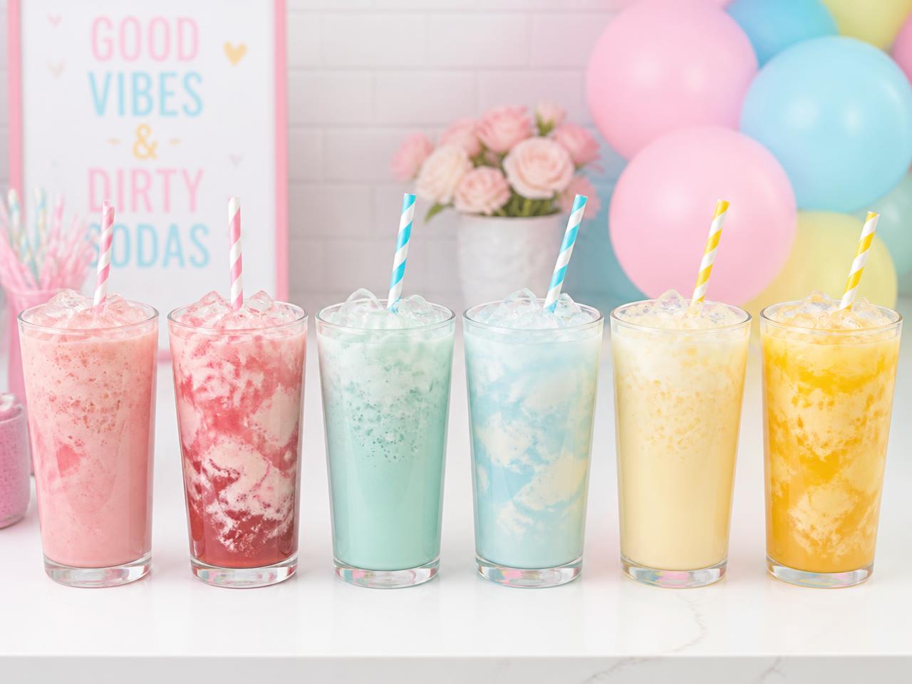A vibrant pink and cream mobile beverage catering cart setup with sparkling sodas and citrus garnishes at a party